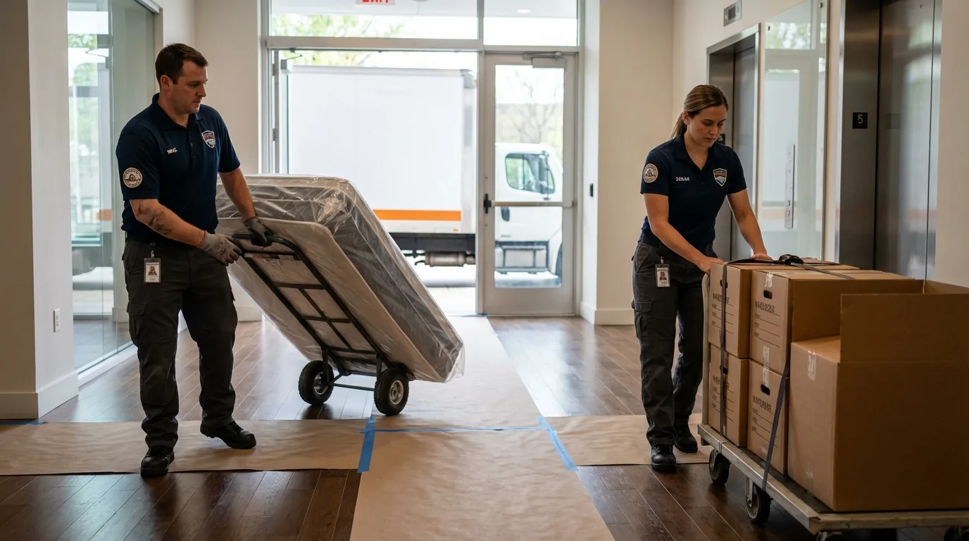 Professional apartment movers loading elevator in Myrtle Beach, SC