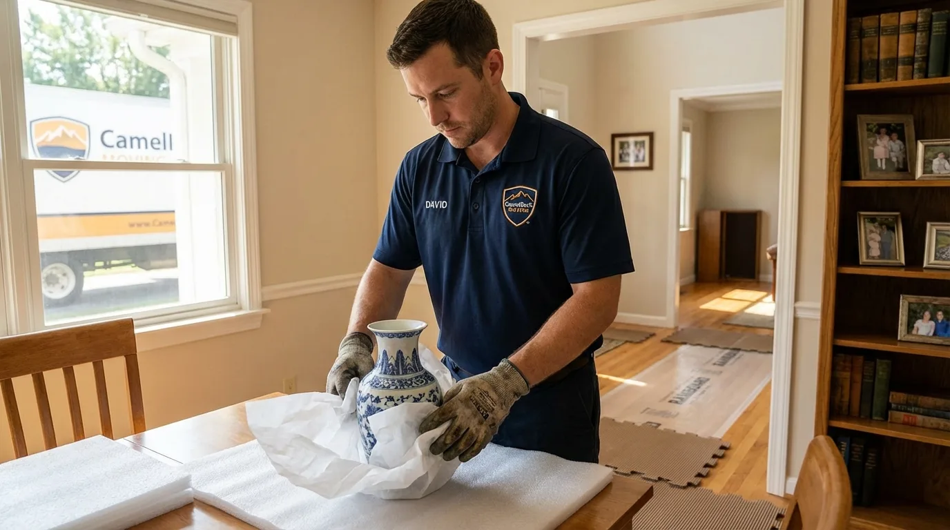 Professional crew carefully wrapping antique vase for senior downsizing move in Myrtle Beach, SC
